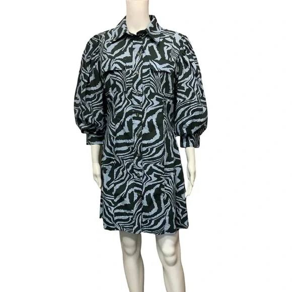 Ganni Blue Black Zebra Animal Print Puff Sleeve Mini Dress Size Small - Picture 6 of 11
